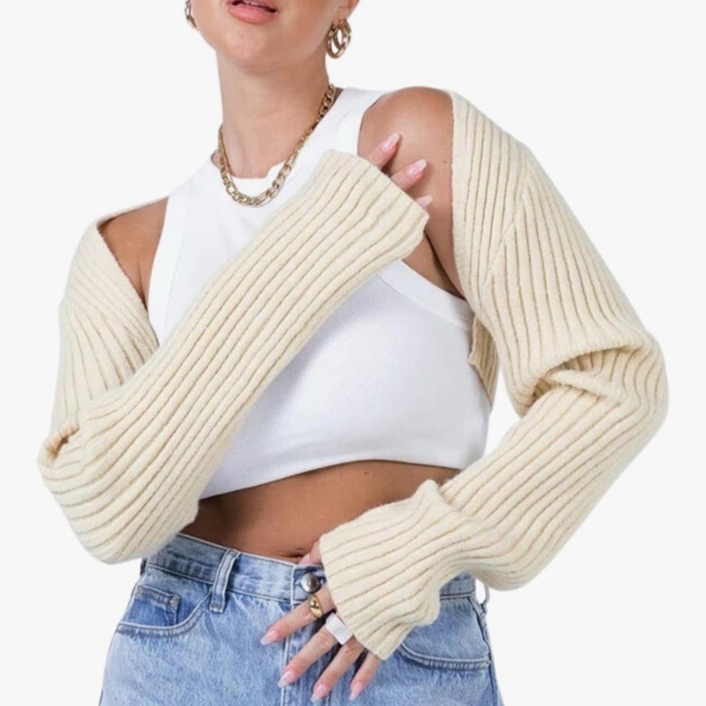 Cream Women Y2K Rib Knit Shrug Crop Cardigan Bolero